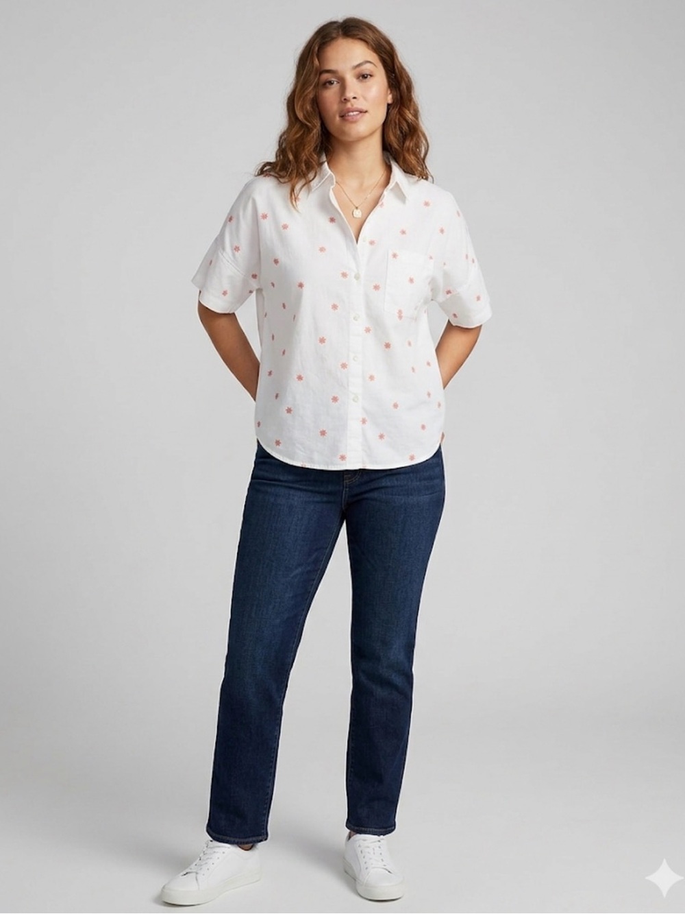 Madewell Women’s White Button-Up Shirt with Pink Floral Embroidery Size XL read